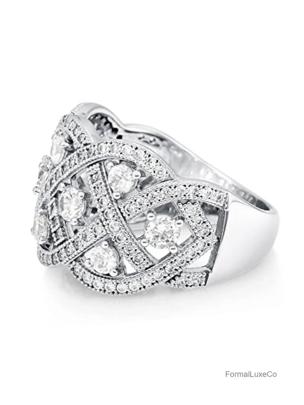 Sterling Silver Woven Art Deco Statement Ring Cubic Zirconia CZ, Nickel Free